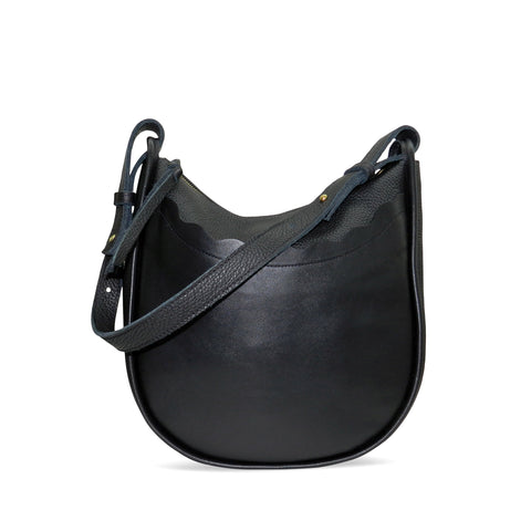 Catalina Scalloped Adjustable Hobo in Black Buffalo & Smooth Cowhide