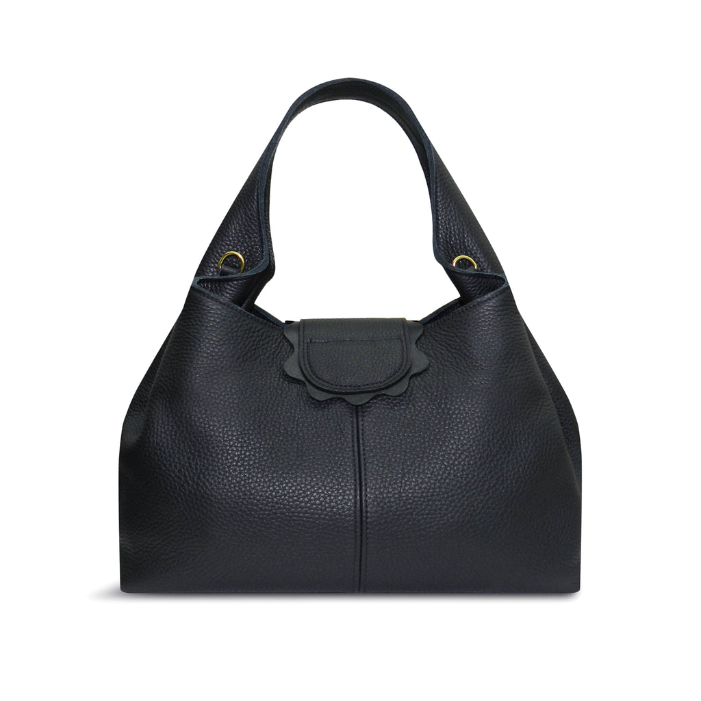 Lily Scalloped Shoulder Bag in Black Buffalo Cowhide