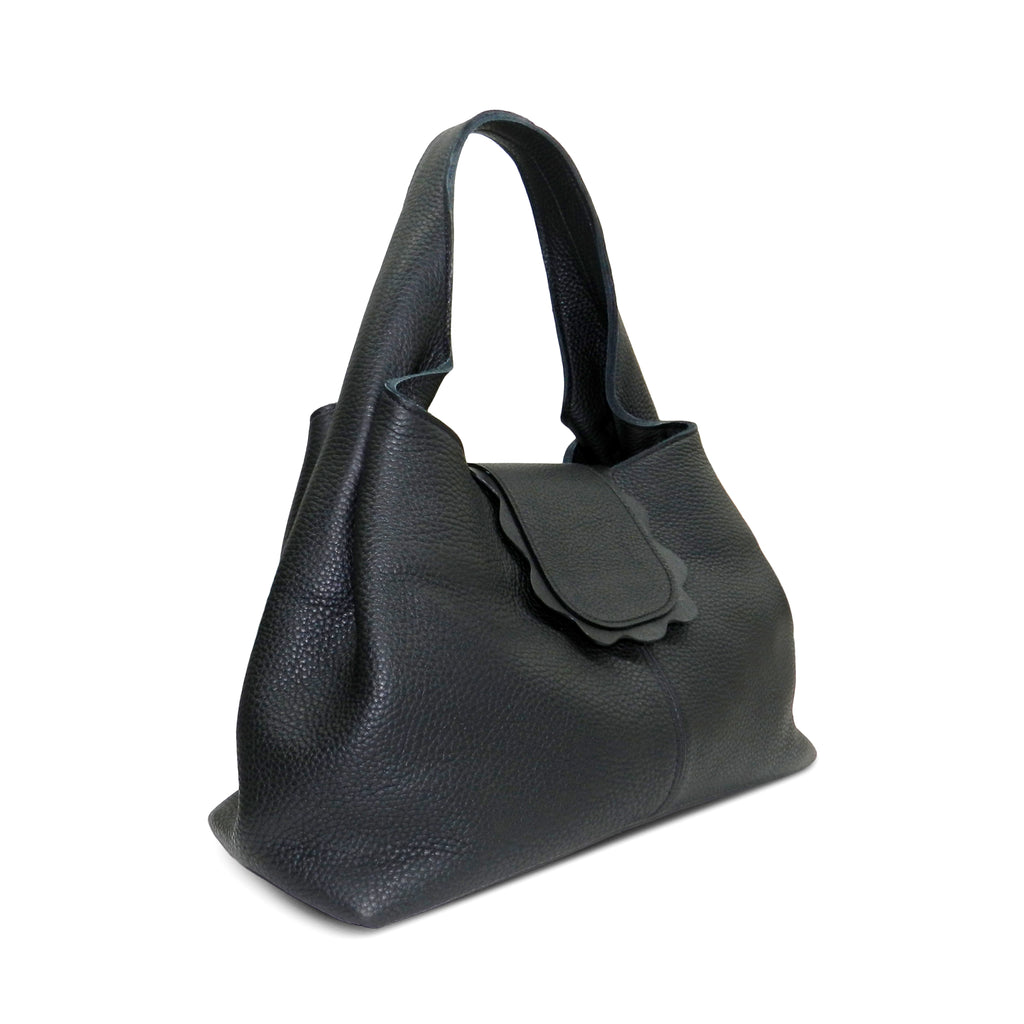 Lily Scalloped Shoulder Bag in Black Buffalo Cowhide