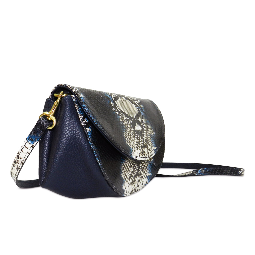 Roux Pleated Gusset Crossbody Clutch in Indigo Snake Leather
