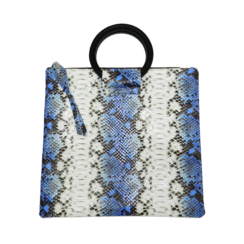 jolie clutch with handmade leather handles in blue snake leather