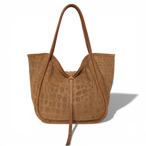 Ellis Hobo Tote in Camel Italian Croco-Embossed Suede