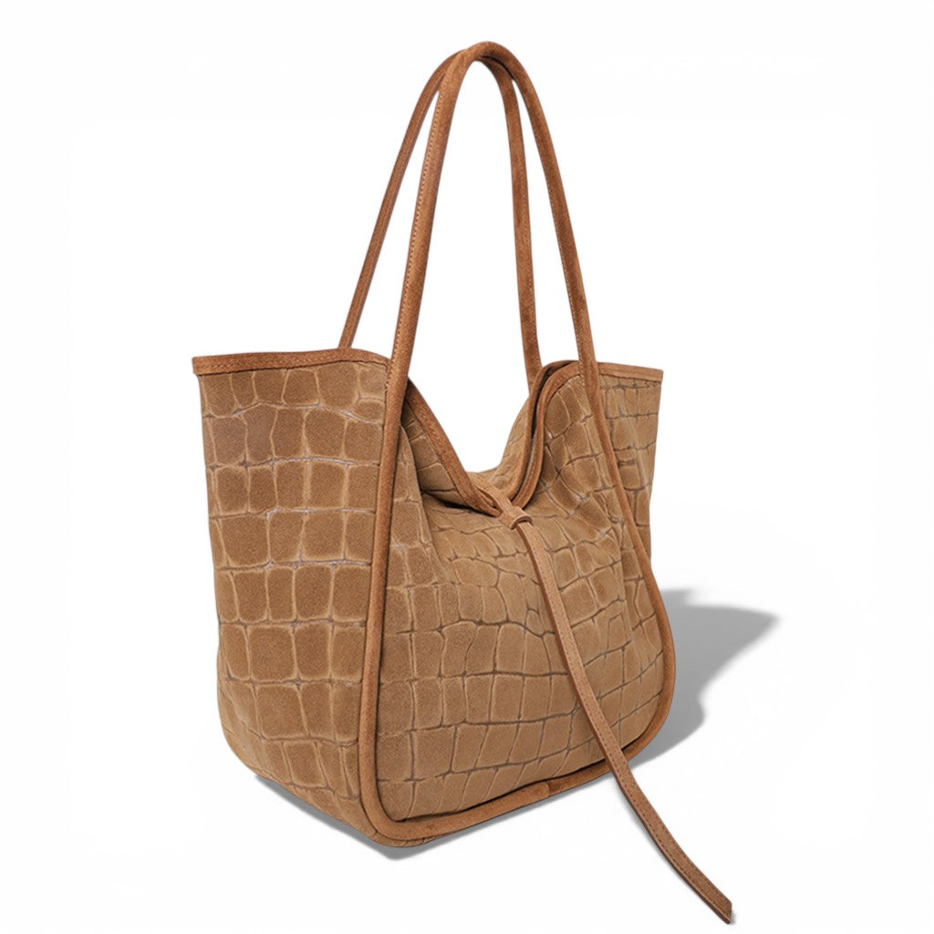 Ellis Hobo Tote in Camel Italian Croco-Embossed Suede