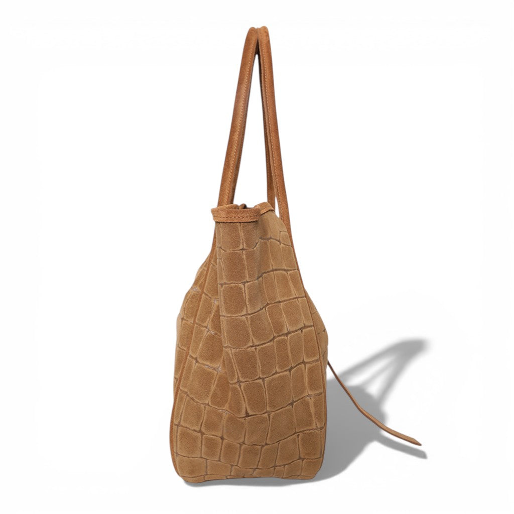 Ellis Hobo Tote in Camel Italian Croco-Embossed Suede