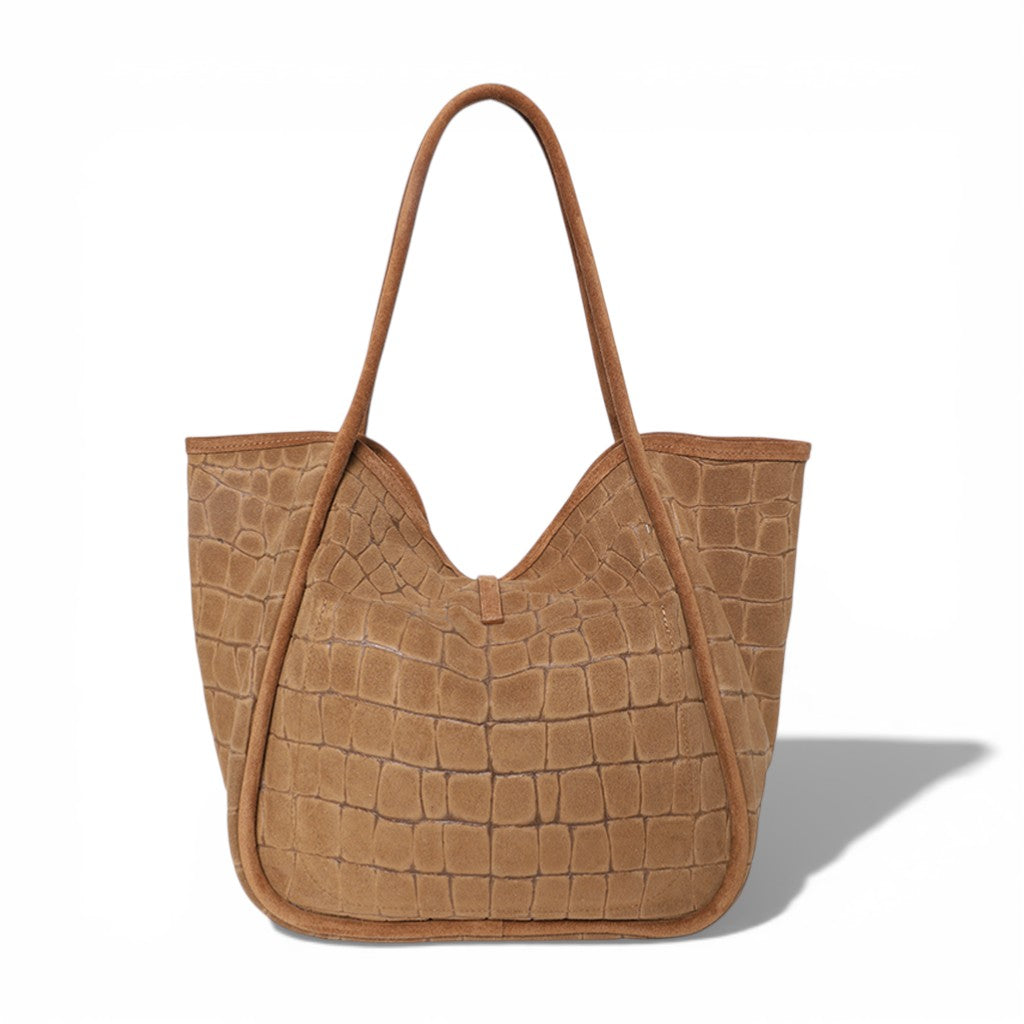 Ellis Hobo Tote in Camel Italian Croco-Embossed Suede