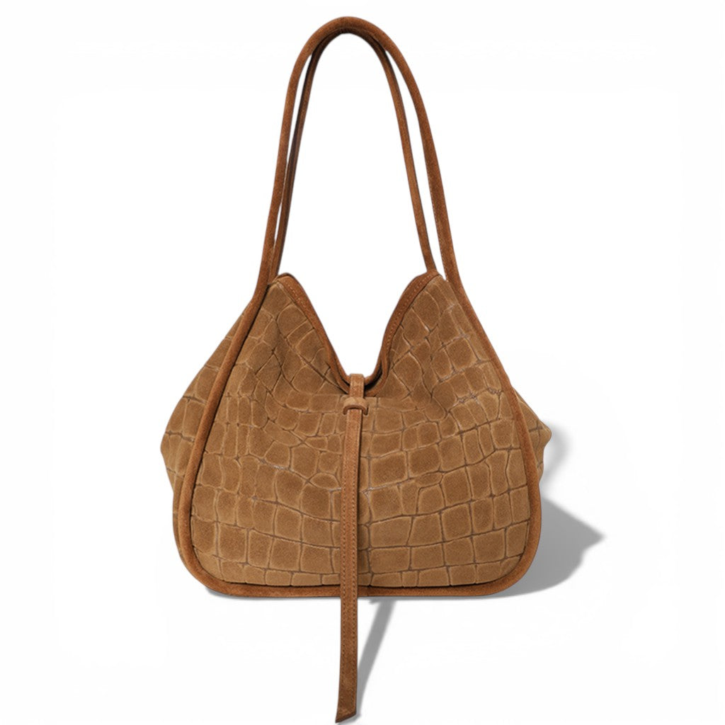 Ellis Hobo Tote in Camel Italian Croco-Embossed Suede