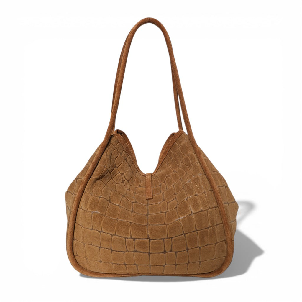 Ellis Hobo Tote in Camel Italian Croco-Embossed Suede