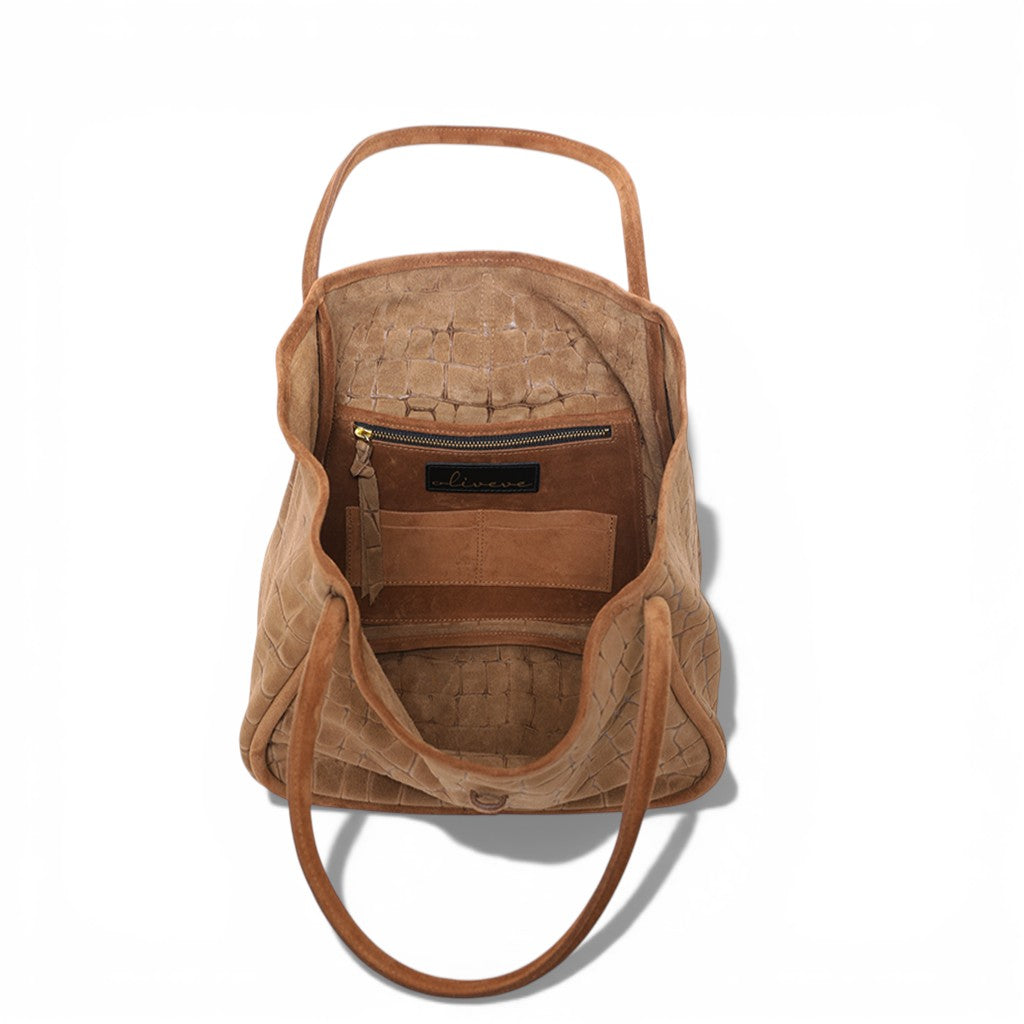 Ellis Hobo Tote in Camel Italian Croco-Embossed Suede