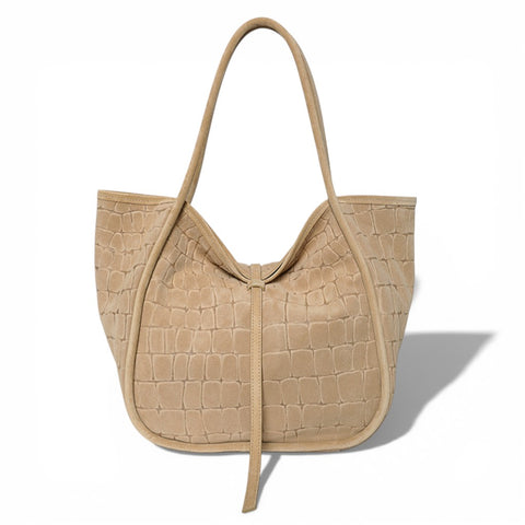 Ellis Hobo Tote in Ecru Italian Croco Embossed Suede
