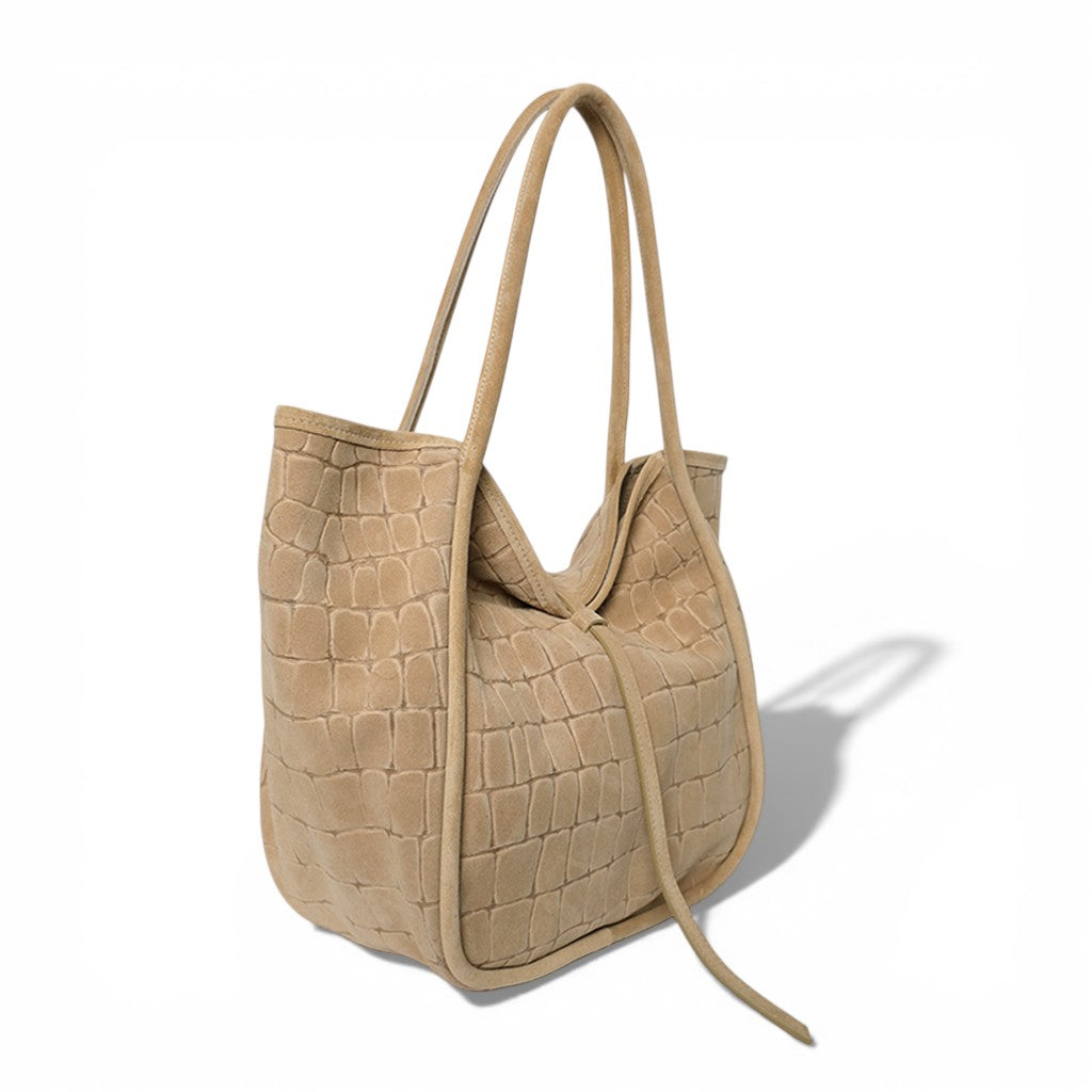 Ellis Hobo Tote in Ecru Italian Croco Embossed Suede