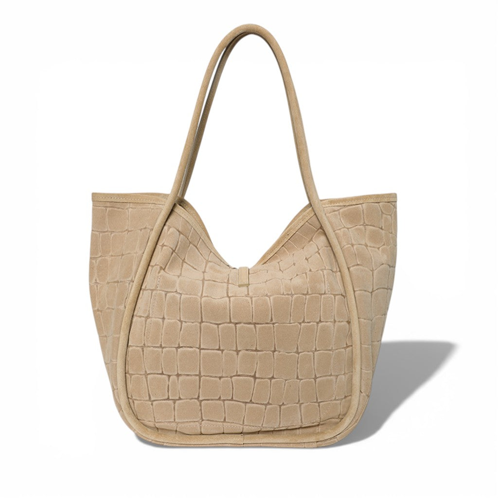 Ellis Hobo Tote in Ecru Italian Croco Embossed Suede