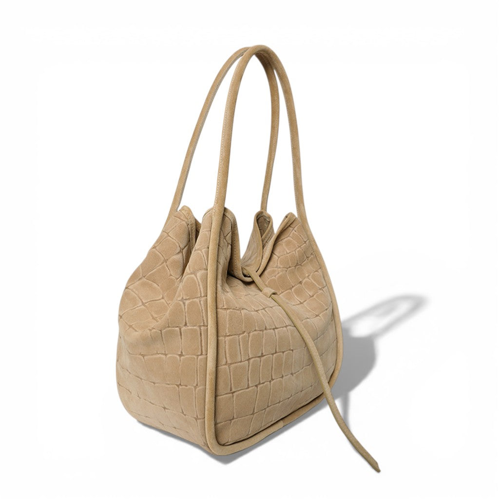 Ellis Hobo Tote in Ecru Italian Croco Embossed Suede