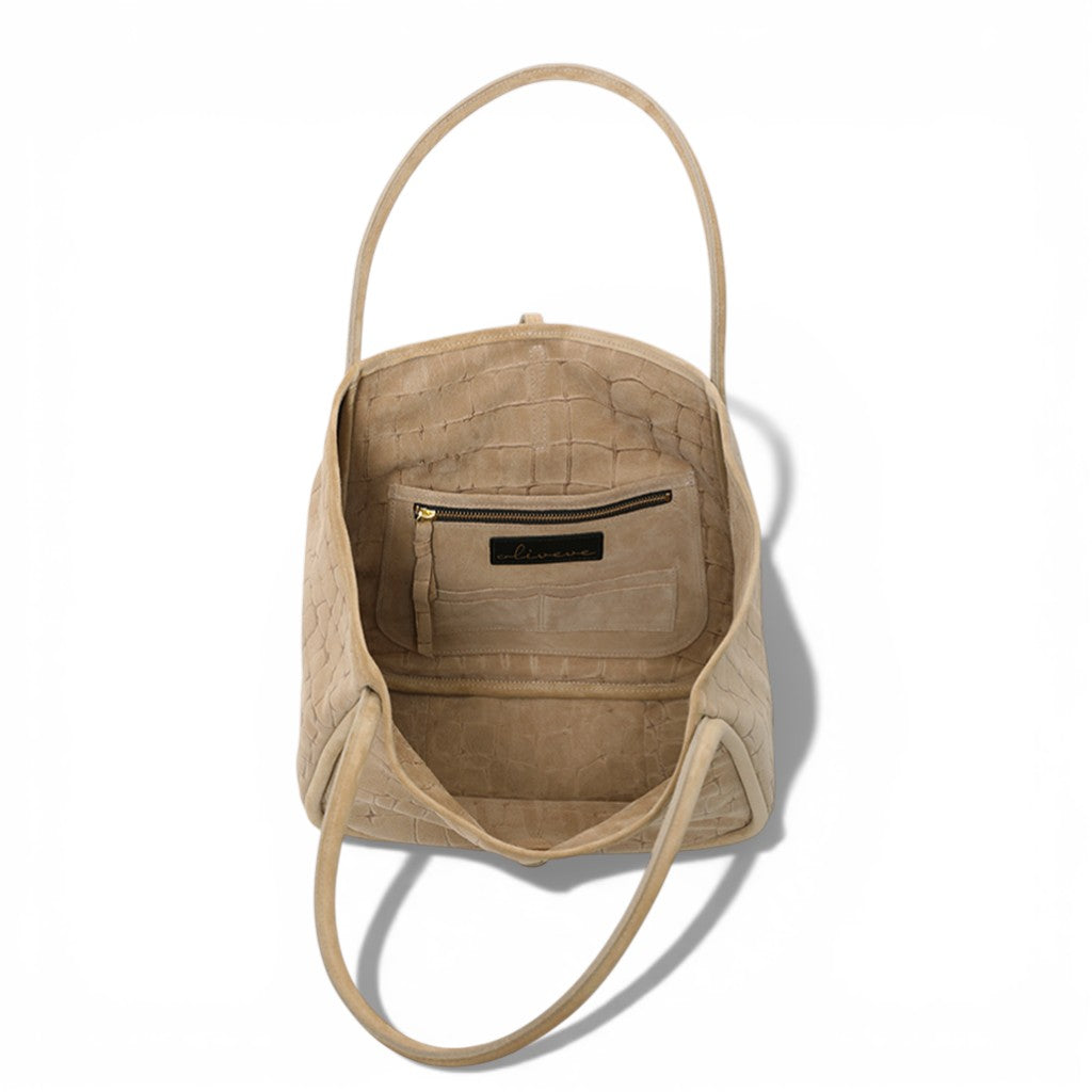 Ellis Hobo Tote in Ecru Italian Croco Embossed Suede