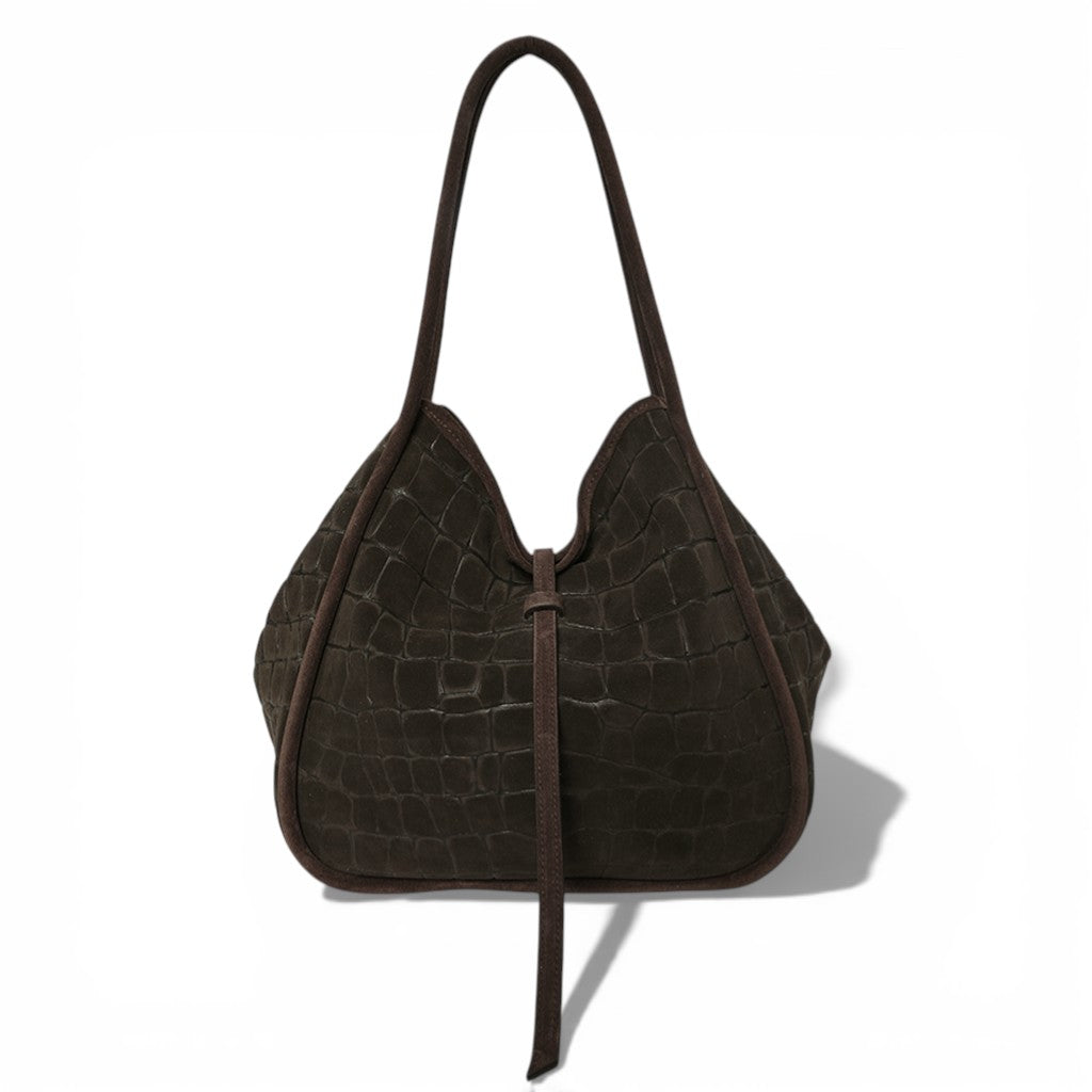 Ellis Hobo Tote in Truffle Italian Croco-Embossed Suede