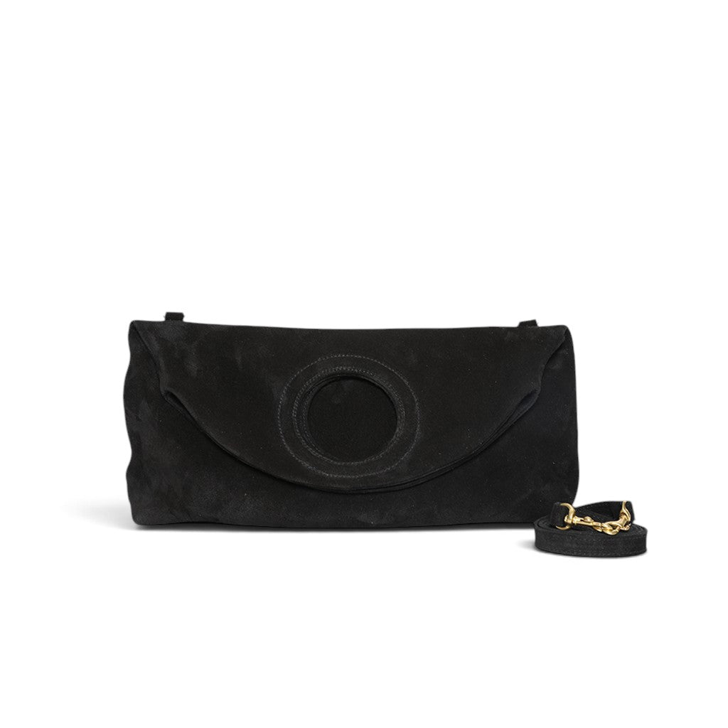 Filippa Foldover Crossbody in Black Italian Leather Backed Suede