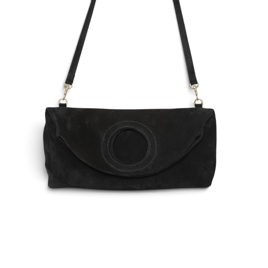 Filippa Foldover Crossbody in Black Italian Leather Backed Suede