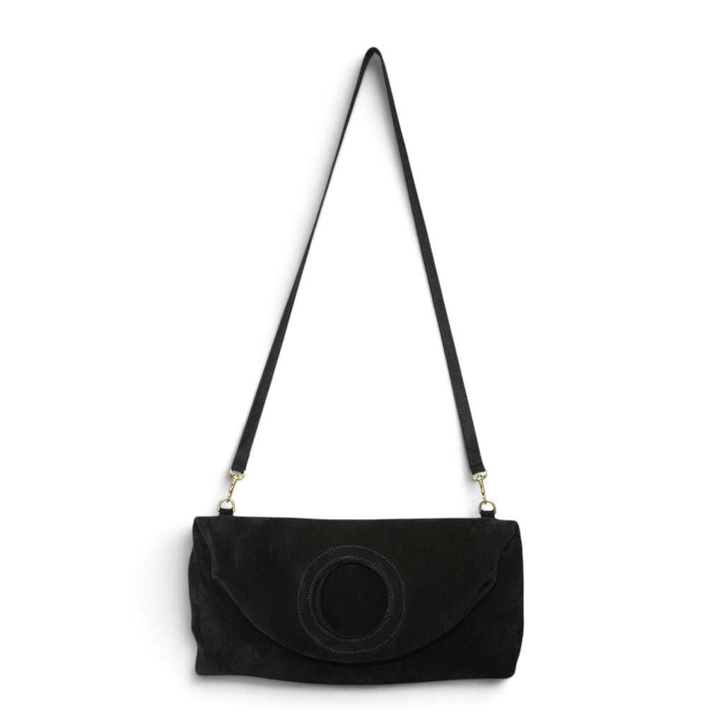 Filippa Foldover Crossbody in Black Italian Leather Backed Suede