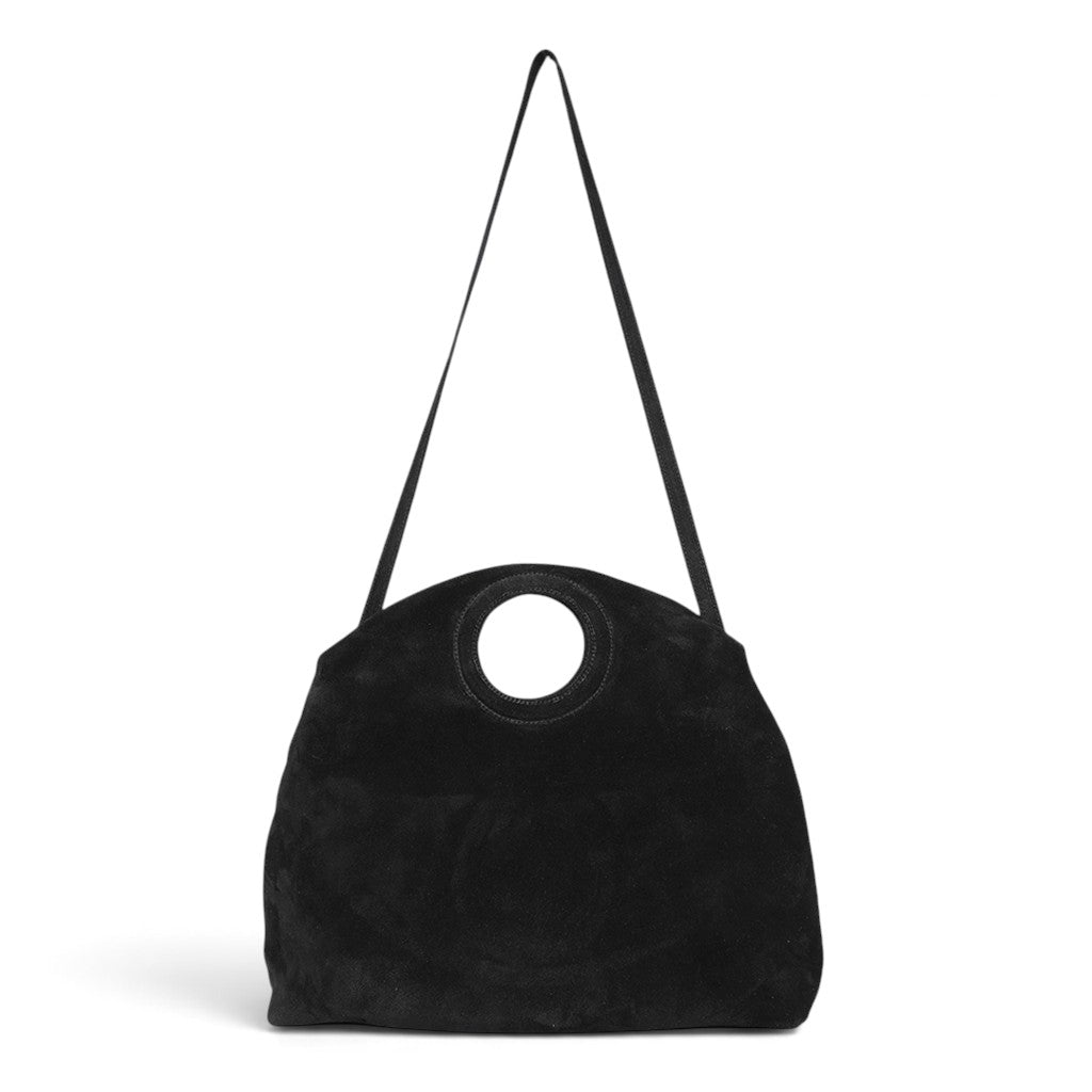 Filippa Foldover Crossbody in Black Italian Leather Backed Suede