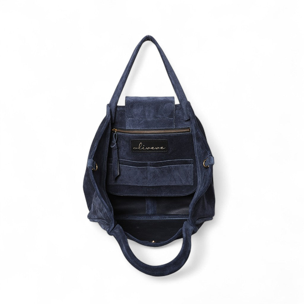 Vittoria Tote in Midnight Italian Leather Backed Suede