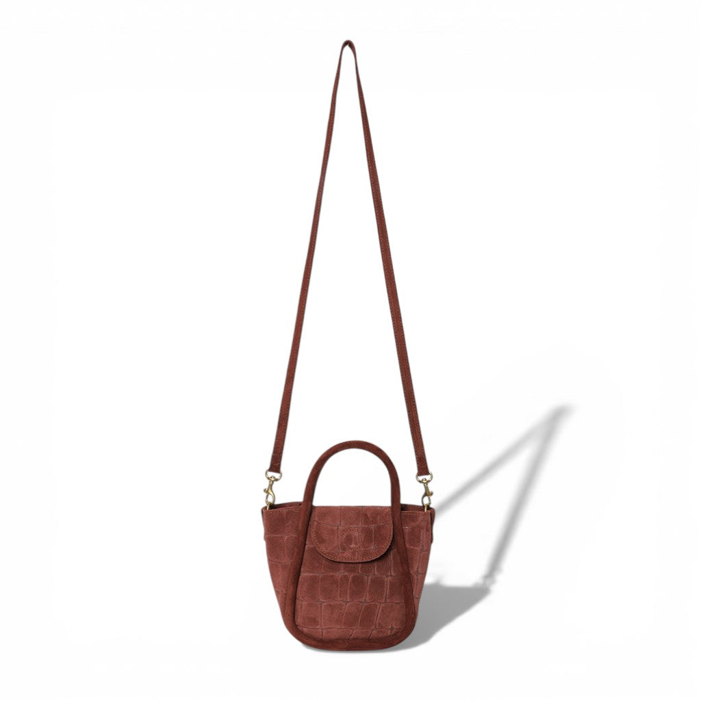 Mini Ellis Top Handle Crossbody in Bordeaux Italian Croco-Embossed Suede