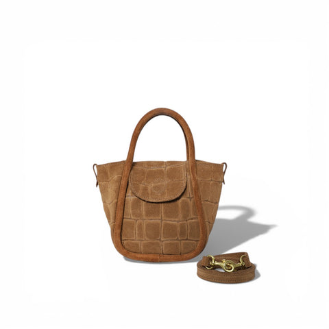 Mini Ellis Top Handle Crossbody in Camel Italian Croco-Embossed Suede