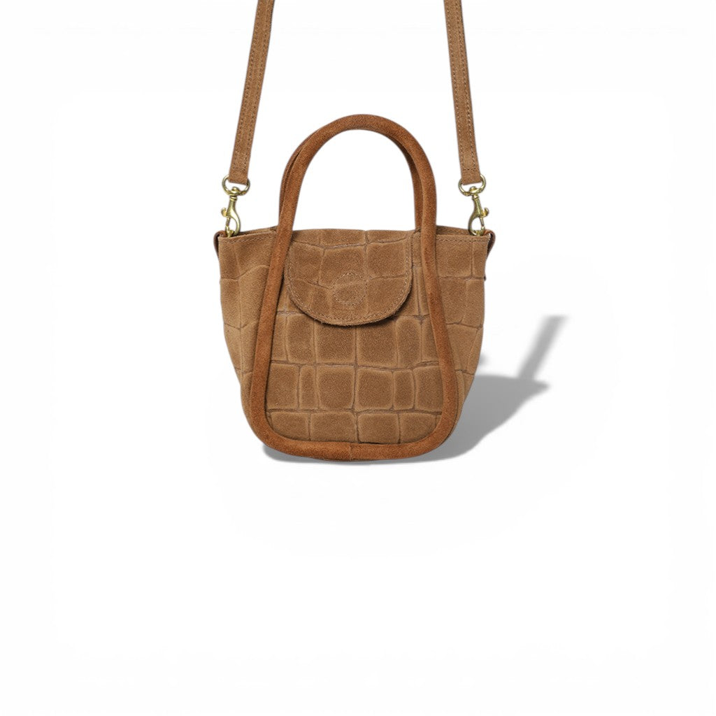 Mini Ellis Top Handle Crossbody in Camel Italian Croco-Embossed Suede