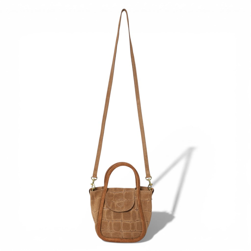 Mini Ellis Top Handle Crossbody in Camel Italian Croco-Embossed Suede
