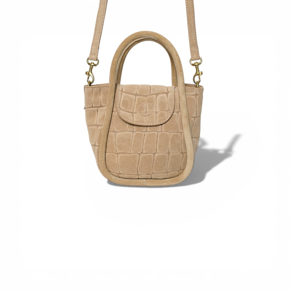Mini Ellis Top Handle Crossbody in Ecru Italian Croco-Embossed Suede