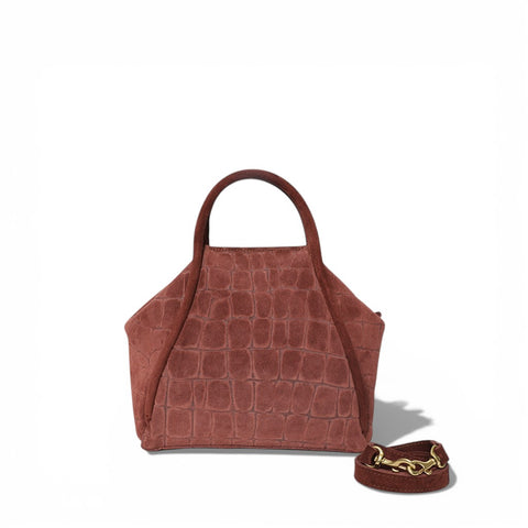 Taya Top Handle Crossbody in Bordeaux Italian Croco-Embossed Suede