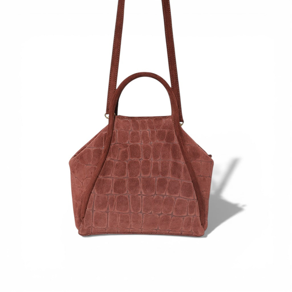 Taya Top Handle Crossbody in Bordeaux Italian Croco-Embossed Suede