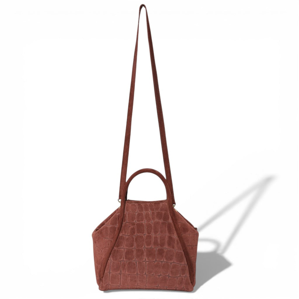 Taya Top Handle Crossbody in Bordeaux Italian Croco-Embossed Suede