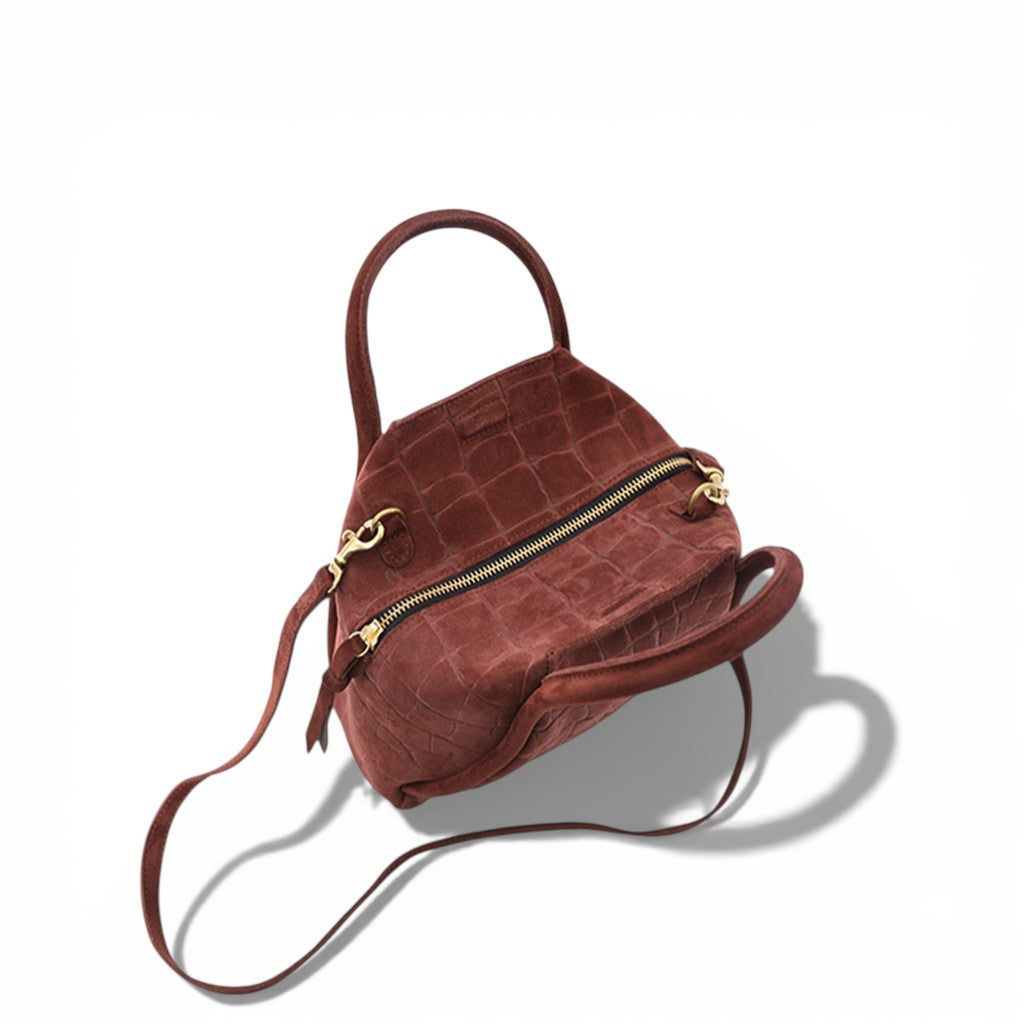Taya Top Handle Crossbody in Bordeaux Italian Croco-Embossed Suede