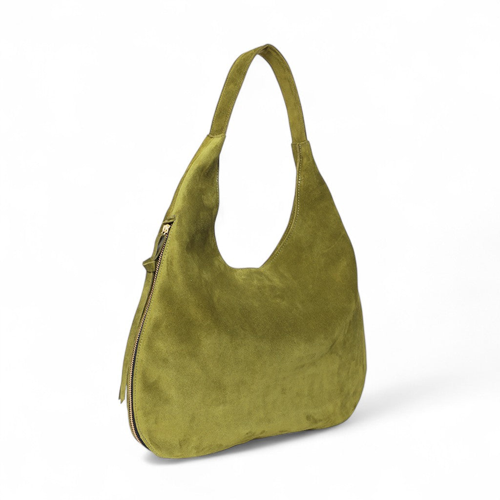 Eleanora Expandable Hobo in Avocado with Macadamia Italian Leather Backed Suede