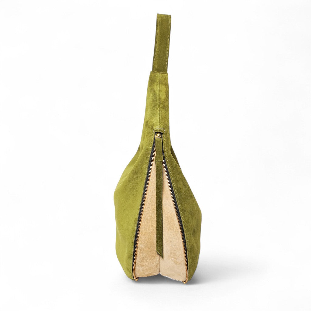 Eleanora Expandable Hobo in Avocado with Macadamia Italian Leather Backed Suede