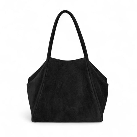 Taya Tote in Black Italian Leather Backed Suede