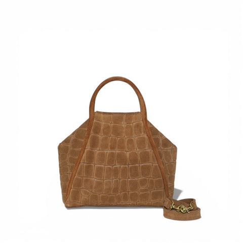 Taya Top Handle Crossbody in Camel Italian Croco-Embossed Suede