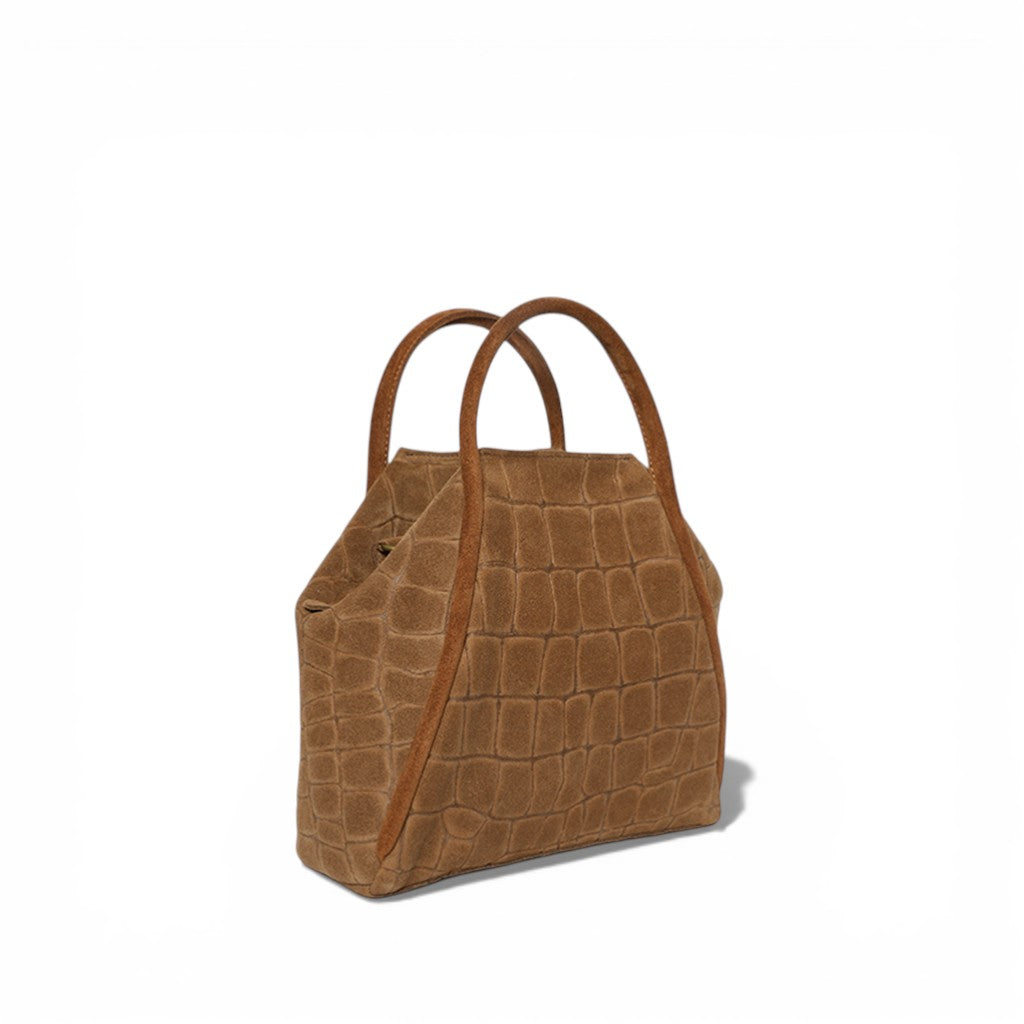 Taya Top Handle Crossbody in Camel Italian Croco-Embossed Suede