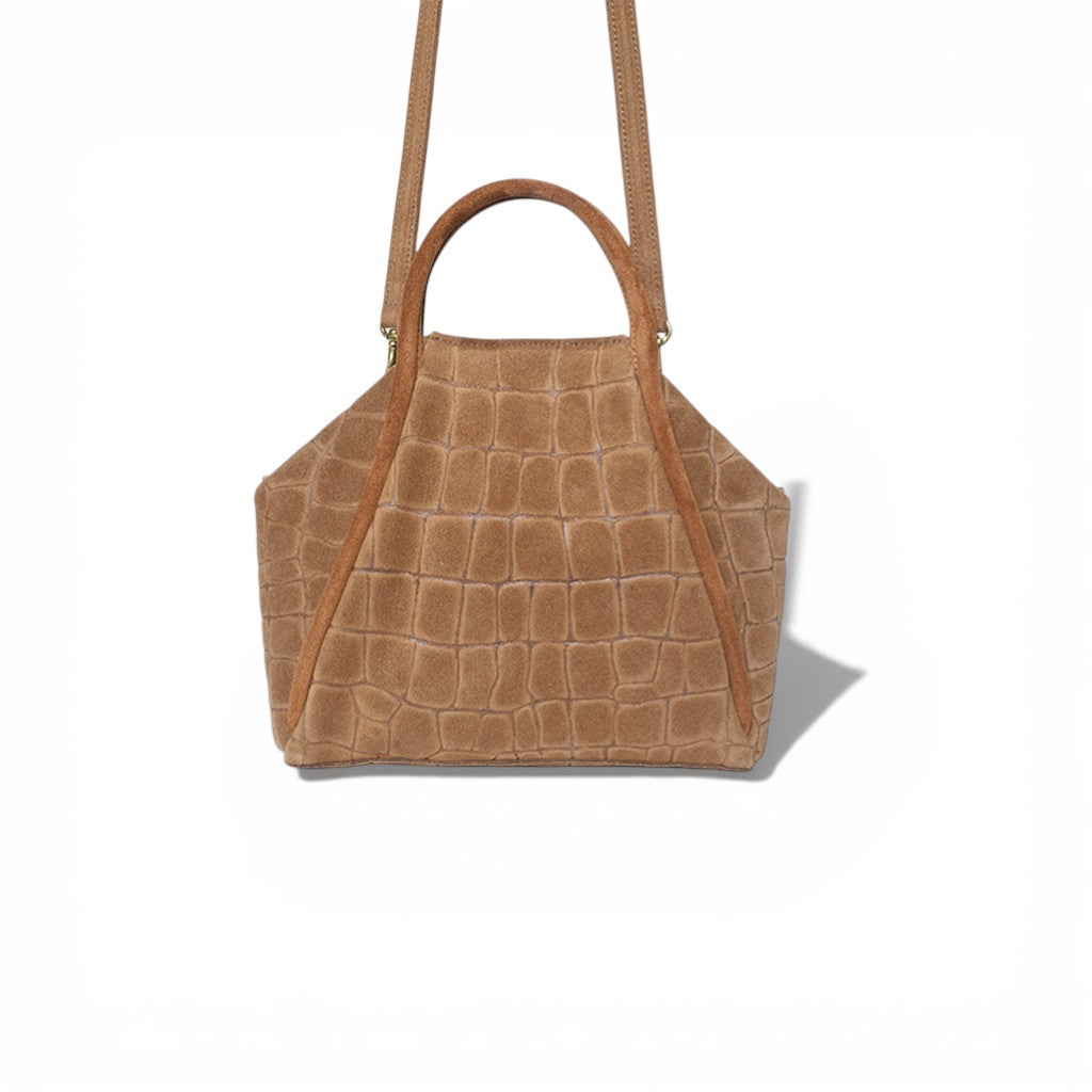Taya Top Handle Crossbody in Camel Italian Croco-Embossed Suede