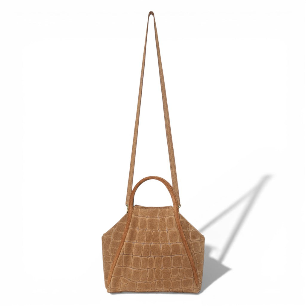 Taya Top Handle Crossbody in Camel Italian Croco-Embossed Suede