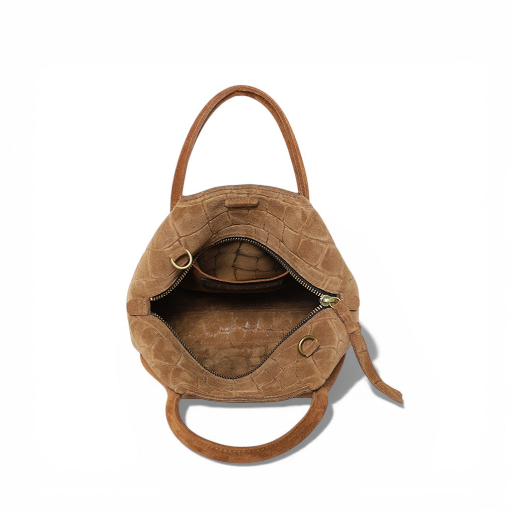 Taya Top Handle Crossbody in Camel Italian Croco-Embossed Suede