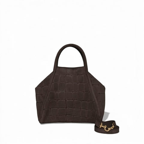 Taya Top Handle Crossbody in Truffle Italian Croco-Embossed Suede