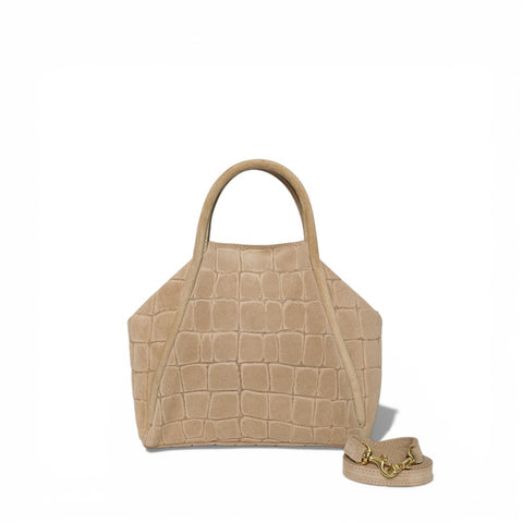 Taya Top Handle Crossbody in Ecru Italian Croco-Embossed Suede