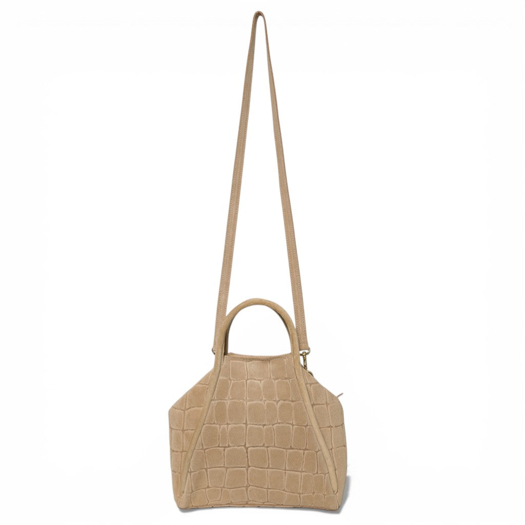 Taya Top Handle Crossbody in Ecru Italian Croco-Embossed Suede