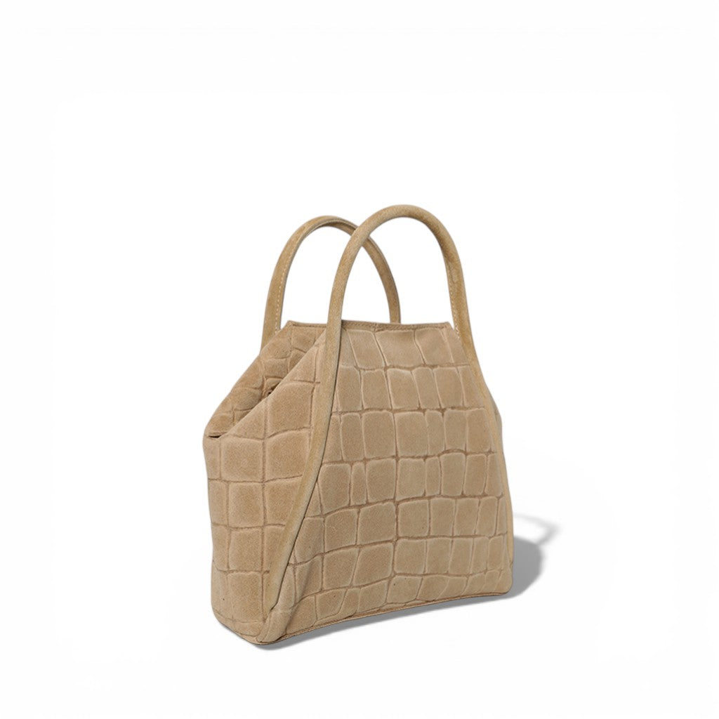 Taya Top Handle Crossbody in Ecru Italian Croco-Embossed Suede