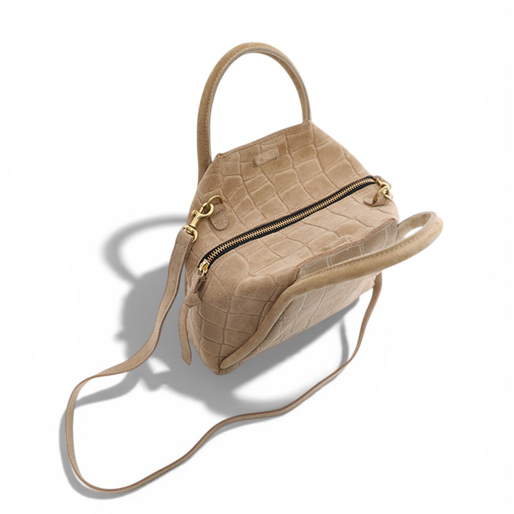 Taya Top Handle Crossbody in Ecru Italian Croco-Embossed Suede