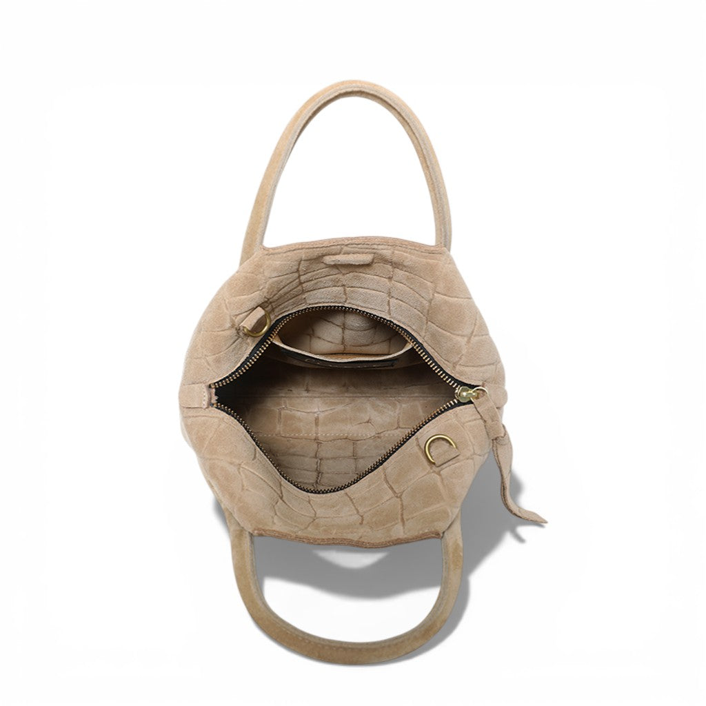 Taya Top Handle Crossbody in Ecru Italian Croco-Embossed Suede