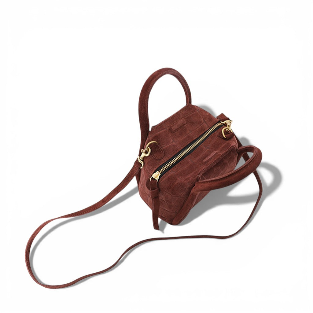 Mini Taya Top Handle Crossbody in Bordeaux Italian Croco-Embossed Suede