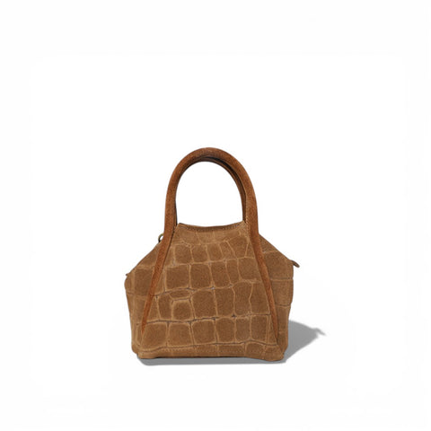 Mini Taya Top Handle Crossbody in Camel Italian Croco-Embossed Suede