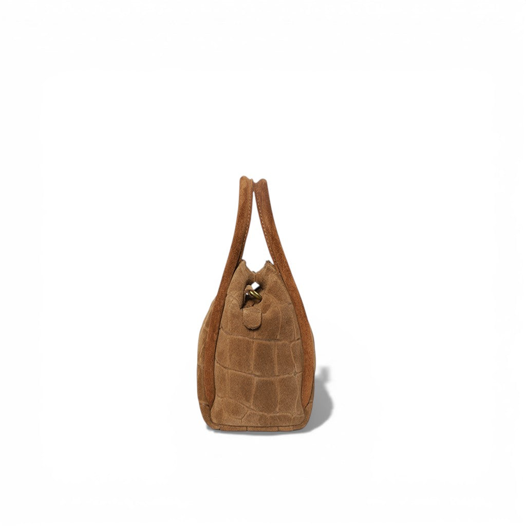 Mini Taya Top Handle Crossbody in Camel Italian Croco-Embossed Suede