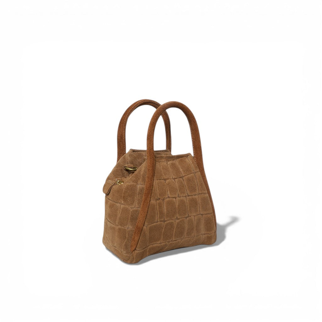 Mini Taya Top Handle Crossbody in Camel Italian Croco-Embossed Suede